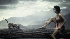Woman rain cats wet