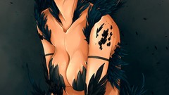 Woman Ravens closed eyes cleavage artwork fantasy art