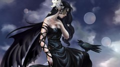 Woman Ravens masks black dress black hair flower in hair 
