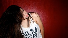 Woman red background asians brunettes