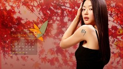 Woman red background asians long hair brunettes black dress 