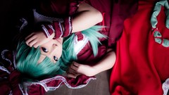 Woman red dress asians blue eyes green hair touhou kagiyama 