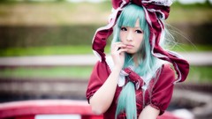 Woman red dress asians blue eyes green hair touhou kagiyama 