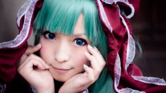 Woman red dress asians blue eyes green hair touhou kagiyama 