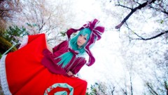 Woman red dress asians blue eyes green hair touhou kagiyama 