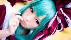 Woman red dress asians blue eyes green hair touhou kagiyama 