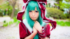 Woman red dress asians blue eyes green hair touhou kagiyama 