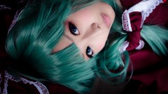 Woman red dress asians blue eyes green hair touhou kagiyama 