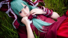 Woman red dress asians blue eyes green hair touhou kagiyama 