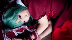 Woman red dress asians blue eyes green hair touhou kagiyama 