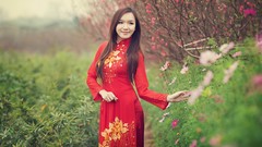 Woman red dress asians brunettes depth of field Viet Nam ao dai