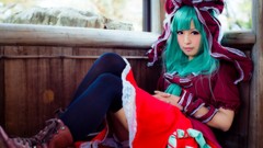 Woman red dress asians green hair touhou kagiyama hina cosplay 