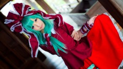 Woman red dress asians green hair touhou kagiyama hina cosplay 