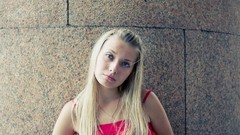 Woman red dress blondes smiling