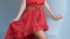 Woman red dress fashion outdoors stills brunettes models photo 