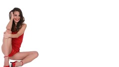 Woman red dress green eyes brunettes lorena garcia high heels 