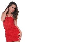 Woman red dress green eyes brunettes lorena garcia Simple 