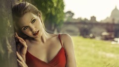 Woman red dress outdoors blondes red lipstick