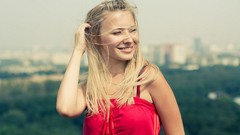 Woman red dress outdoors blondes smiling models