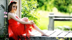 Woman red dress outdoors brunettes