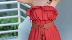 Woman red dress outdoors stills brunettes photo shoot pornstars 