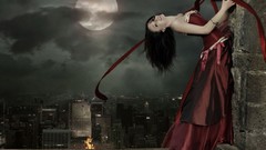 Woman red dress pale full moon brunettes city skyline