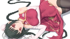 Woman red eyes anime girls bare shoulders black hair underwear 