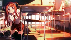Woman red eyes anime girls classroom school uniforms redheads 