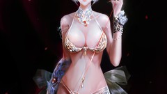 Woman red eyes blue hair cleavage artwork fantasy art long ears