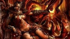Woman red eyes cleavage artwork fantasy art