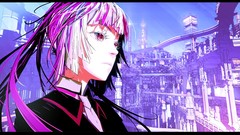 Woman red eyes faces buildings cities long hair anime girls 