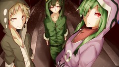 Woman red eyes hoodies blondes male long hair short hair green 