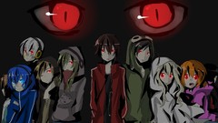 Woman red eyes male long hair blue eyes short hair twintails 