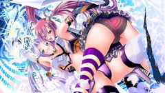 Woman red eyes pink hair anime girls gray hair yuri underwear 