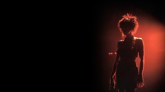 Woman red singers microphones