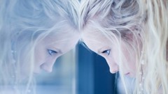 Woman reflections blondes blue eyes window panes