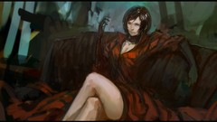 Woman Resident Evil gloves sitting red dress legs blue eyes 