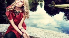 Woman retro Bridges red dress blondes blue eyes