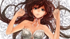 Woman Ribbons ornaments long hair corset blue eyes brunettes 