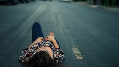 Woman roads bokeh brunettes streets lying down