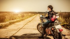 Woman roads helmets jackets pants outdoors boots motorbikes