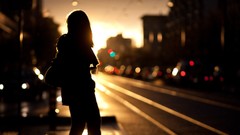 Woman roads silhouettes bokeh sunlight cities geneva
