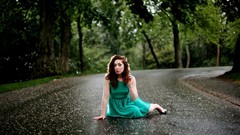 Woman roads streets models redheads green dress