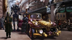 Woman Robots cars steampunk fantastic digital art fantasy art 