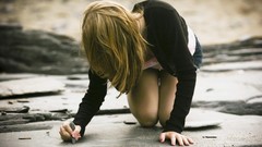 Woman rocks blondes skirts writing models denim shorts bent 