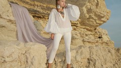 Woman rocks outdoors brunettes white dress pantyhose leggings 