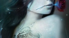 Woman roses back tattoos artwork topless