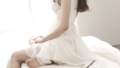 Woman roses beds asians barefoot brunettes white dress models