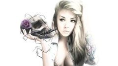 Woman roses drawings skulls blondes tattoos Simple Background