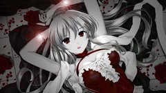 Woman roses dress red eyes red lipstick cleavage